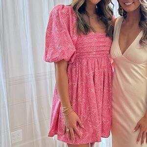 Abercrombie Emerson Poplin Puff Dress | Pink/White | Size: S